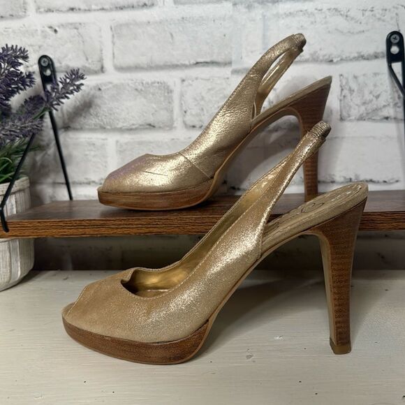 Jessica Simpson Metallic Gold Slingback Leather Heels Size 8 - Picture 2 of 6